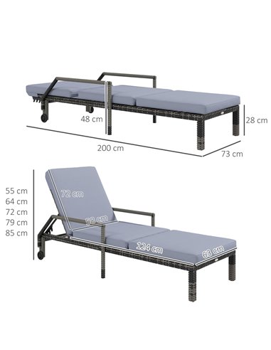 Outsunny Outdoor PE Rattan Sun Lounger Set of 2, Wicker Chaise Recliner Garden Chair with 5-Level Adjustable Backrest and 2 Whee