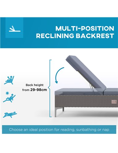 Outsunny Outdoor PE Rattan Sun Lounger Set of 2, Single Recliner Sunbed Daybed w/ Adjustable Backrest, Removeable Cushion