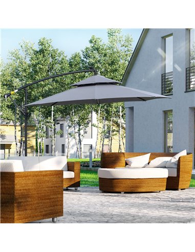 Outsunny 3(m) Cantilever Banana Parasol Hanging Umbrella with Double Roof, LED Solar lights, Crank, 8 Sturdy Ribs and Cross Base