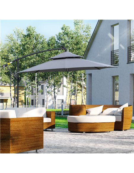 Outsunny 3(m) Cantilever Banana Parasol Hanging Umbrella with Double Roof, LED Solar lights, Crank, 8 Sturdy Ribs and Cross Base - pic 82427 | FastDaddyshop