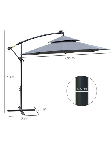 Outsunny 3(m) Cantilever Banana Parasol Hanging Umbrella with Double Roof, LED Solar lights, Crank, 8 Sturdy Ribs and Cross Base