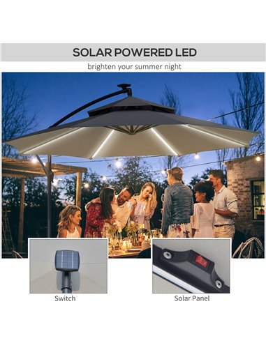 Outsunny 3(m) Cantilever Banana Parasol Hanging Umbrella with Double Roof, LED Solar lights, Crank, 8 Sturdy Ribs and Cross Base