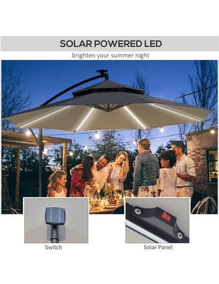 Outsunny 3(m) Cantilever Banana Parasol Hanging Umbrella with Double Roof, LED Solar lights, Crank, 8 Sturdy Ribs and Cross Base - pic 82429 | FastDaddyshop
