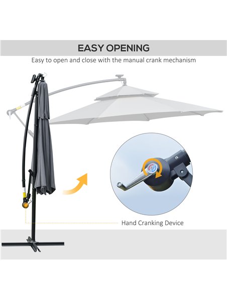 Outsunny 3(m) Cantilever Banana Parasol Hanging Umbrella with Double Roof, LED Solar lights, Crank, 8 Sturdy Ribs and Cross Base - pic 82430 | FastDaddyshop