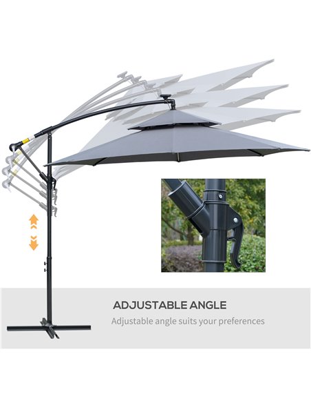 Outsunny 3(m) Cantilever Banana Parasol Hanging Umbrella with Double Roof, LED Solar lights, Crank, 8 Sturdy Ribs and Cross Base - pic 82431 | FastDaddyshop
