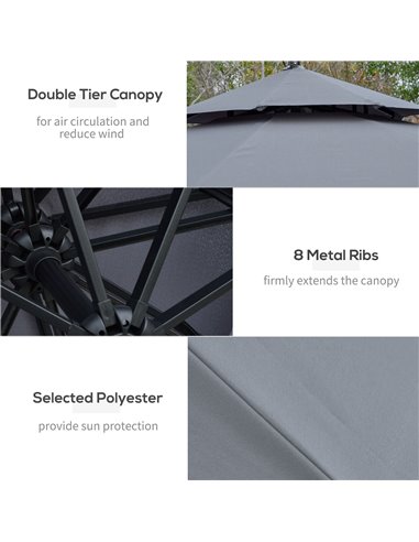 Outsunny 3(m) Cantilever Banana Parasol Hanging Umbrella with Double Roof, LED Solar lights, Crank, 8 Sturdy Ribs and Cross Base