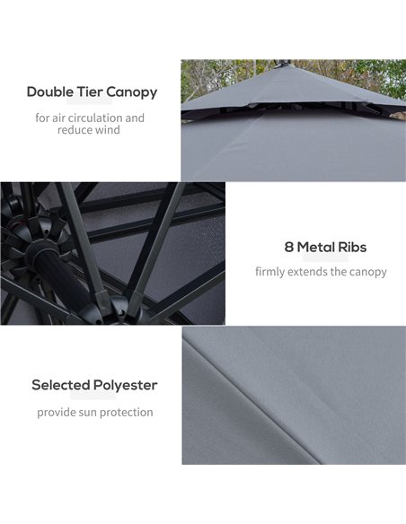 Outsunny 3(m) Cantilever Banana Parasol Hanging Umbrella with Double Roof, LED Solar lights, Crank, 8 Sturdy Ribs and Cross Base - pic 82432 | FastDaddyshop