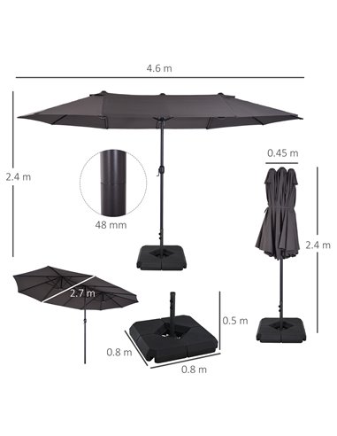Outsunny 4.6m Garden Parasol Double-Sided Sun Umbrella Patio Market Shelter Canopy Shade with Umbrella Stand, Grey