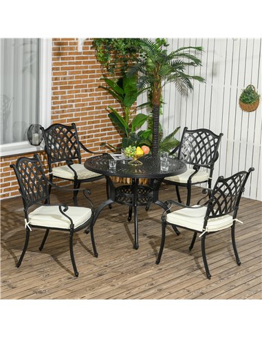 Outsunny Cast Aluminium 4 Seater Outdoor Dining Set with Cushions Parasol Hole Black 84B-786V70BK