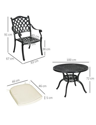 Outsunny Cast Aluminium 4 Seater Outdoor Dining Set with Cushions Parasol Hole Black 84B-786V70BK