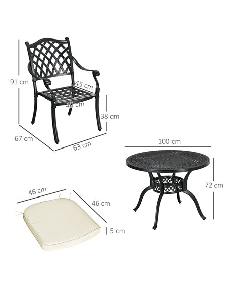 Outsunny Cast Aluminium 4 Seater Outdoor Dining Set with Cushions Parasol Hole Black 84B-786V70BK - pic 82473 | FastDaddyshop