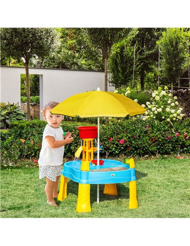 HOMCOM Sand and Water Play Table with Accessories and Adjustable Parasol, Multicoloured, for Outdoor Fun 343-046
