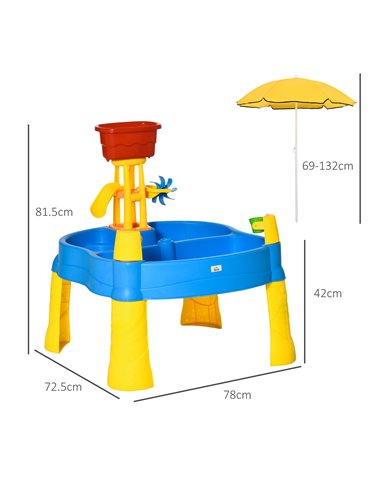HOMCOM Sand and Water Play Table with Accessories and Adjustable Parasol, Multicoloured, for Outdoor Fun 343-046