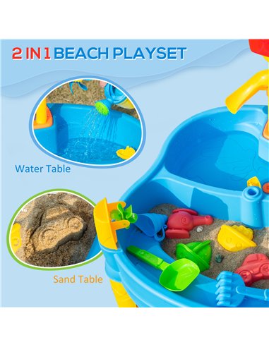 HOMCOM Sand and Water Play Table with Accessories and Adjustable Parasol, Multicoloured, for Outdoor Fun 343-046