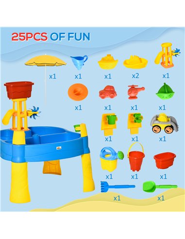 HOMCOM Sand and Water Play Table with Accessories and Adjustable Parasol, Multicoloured, for Outdoor Fun 343-046