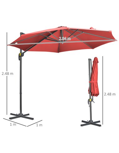 Outsunny 3 x 3(m) Cantilever Parasol with Cross Base Crank Handle, Wine Red 84D-052V00WR