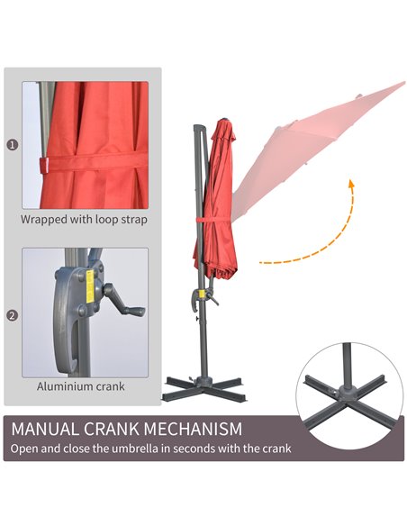 Outsunny 3 x 3(m) Cantilever Parasol with Cross Base Crank Handle, Wine Red 84D-052V00WR - pic 82512 | FastDaddyshop