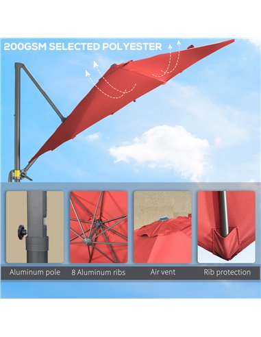Outsunny 3 x 3(m) Cantilever Parasol with Cross Base Crank Handle, Wine Red 84D-052V00WR