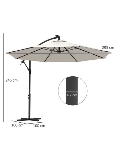 Outsunny 3(m) Cantilever Parasol with Solar LED Lights, Garden Umbrella with Cross Base and Crank Handle, Hanging Offset Banana 