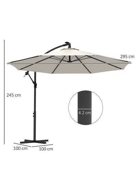 Outsunny 3(m) Cantilever Parasol with Solar LED Lights, Garden Umbrella with Cross Base and Crank Handle, Hanging Offset Banana  - pic 82527 | FastDaddyshop