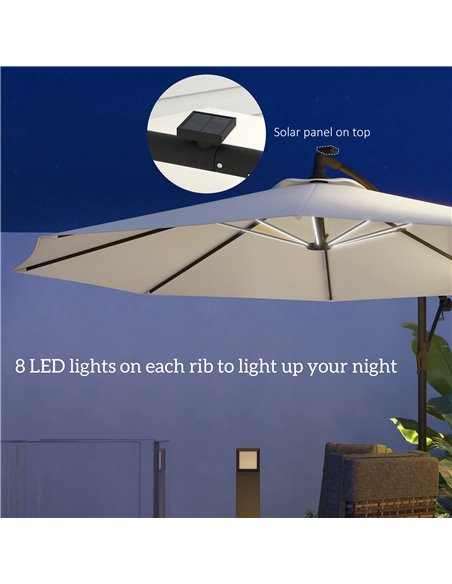 Outsunny 3(m) Cantilever Parasol with Solar LED Lights, Garden Umbrella with Cross Base and Crank Handle, Hanging Offset Banana  - pic 82528 | FastDaddyshop