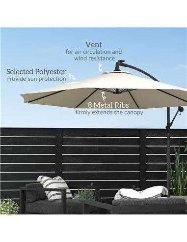Outsunny 3(m) Cantilever Parasol with Solar LED Lights, Garden Umbrella with Cross Base and Crank Handle, Hanging Offset Banana 