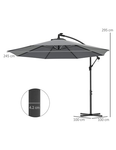 Outsunny Waterproof 3(m) Cantilever Parasol, Garden Umbrella w/ Solar LED Lights, Cross Base, Hanging Offset Banana Sun Shade | 