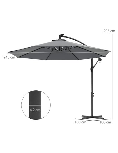 Outsunny Waterproof 3(m) Cantilever Parasol, Garden Umbrella w/ Solar LED Lights, Cross Base, Hanging Offset Banana Sun Shade |  - pic 82536 | FastDaddyshop
