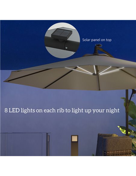 Outsunny Waterproof 3(m) Cantilever Parasol, Garden Umbrella w/ Solar LED Lights, Cross Base, Hanging Offset Banana Sun Shade |  - pic 82537 | FastDaddyshop