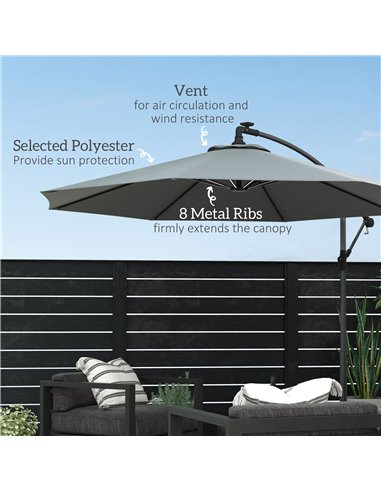 Outsunny Waterproof 3(m) Cantilever Parasol, Garden Umbrella w/ Solar LED Lights, Cross Base, Hanging Offset Banana Sun Shade | 
