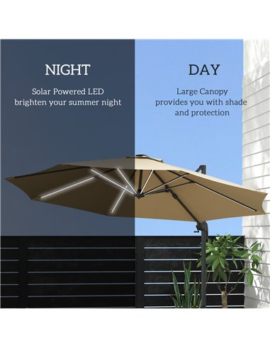 Outsunny Waterproof 3(m) Adjustable Cantilever Parasol with Solar LED Lights, Khaki 84D-110V03KK