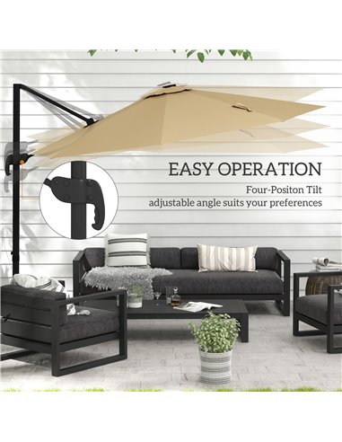 Outsunny Waterproof 3(m) Adjustable Cantilever Parasol with Solar LED Lights, Khaki 84D-110V03KK