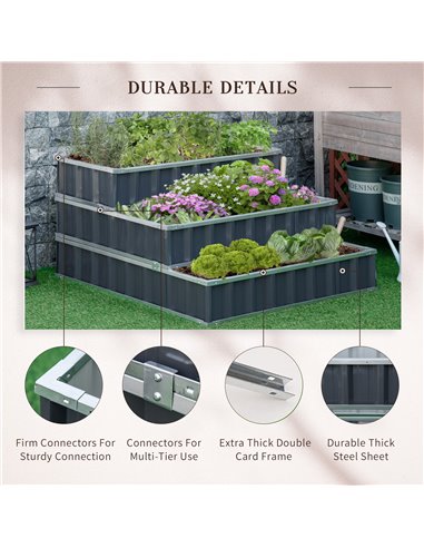 Outsunny 3 Tier Raised Garden Bed, 118 x 118 x 62cm Metal Box with Open Bottom, Three Individuals, to grow Vegetables, Herbs, Fl