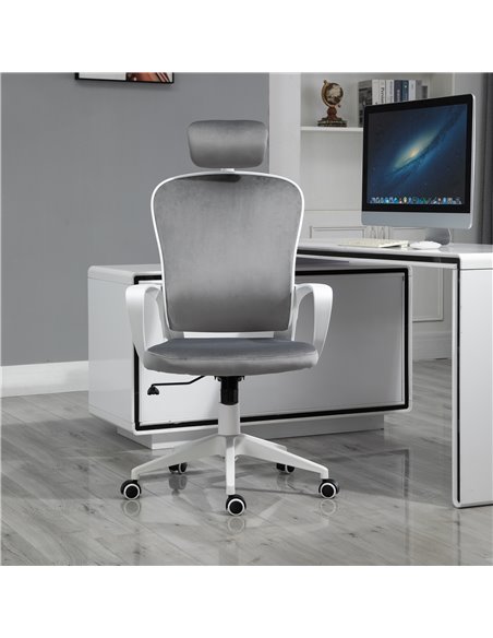 Vinsetto High-Back Office Chair Velvet Style Fabric Computer Home Rocking with Wheels, Rotatable Liftable Headrest, Grey - pic 8344 | FastDaddyshop