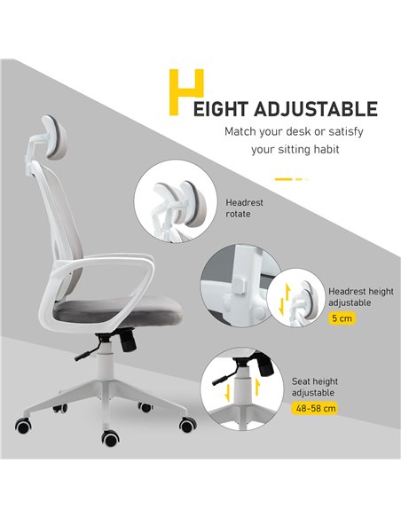 Vinsetto High-Back Office Chair Velvet Style Fabric Computer Home Rocking with Wheels, Rotatable Liftable Headrest, Grey - pic 8346 | FastDaddyshop