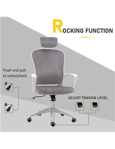 Vinsetto High-Back Office Chair Velvet Style Fabric Computer Home Rocking with Wheels, Rotatable Liftable Headrest, Grey