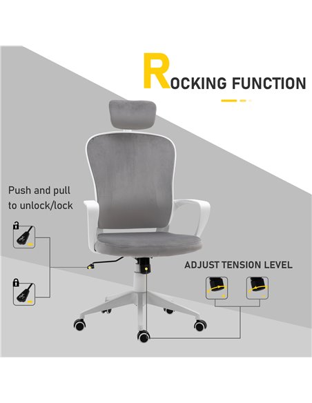 Vinsetto High-Back Office Chair Velvet Style Fabric Computer Home Rocking with Wheels, Rotatable Liftable Headrest, Grey - pic 8347 | FastDaddyshop