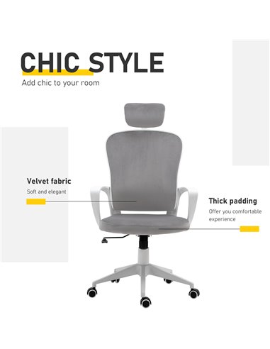 Vinsetto High-Back Office Chair Velvet Style Fabric Computer Home Rocking with Wheels, Rotatable Liftable Headrest, Grey