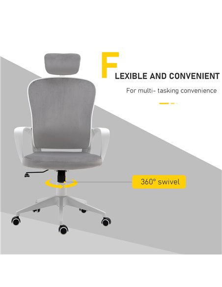 Vinsetto High-Back Office Chair Velvet Style Fabric Computer Home Rocking with Wheels, Rotatable Liftable Headrest, Grey - pic 8350 | FastDaddyshop