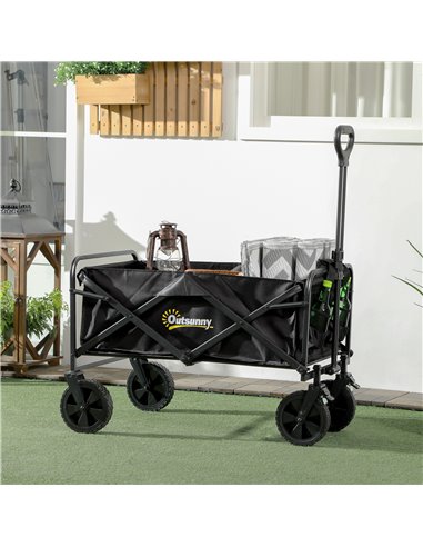 Outsunny Pull Along Folding Wagon Cargo Trolley with Telescopic Handle, Portable Utility Cart, Black
