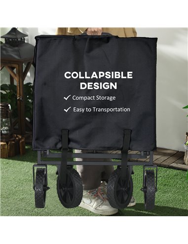 Outsunny Pull Along Folding Wagon Cargo Trolley with Telescopic Handle, Portable Utility Cart, Black