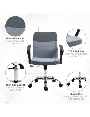 Vinsetto Office Chair Linen Fabric Swivel Computer Desk Chair Home Study Adjustable Chair with Wheels, Grey