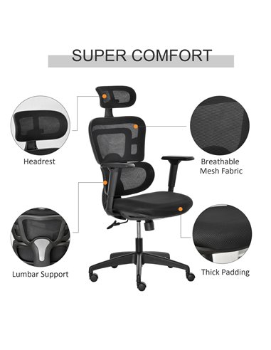 Vinsetto Mesh Office Chair, Ergonomic High-Back Swivel Desk Chair with Adjustable Height, Headrest, Lumbar Support, Padded Seat 