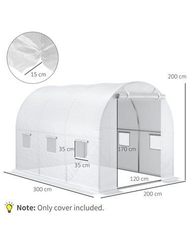 Outsunny 3 x 2 x 2m Greenhouse Replacement Walk-in PE Hot House Cover with 6 Windows Roll-Up and Zipper Door, White 845-382V03WT