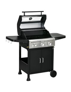Outsunny 9 kW 3 Burner Gas BBQ Grill with See-through Lid, Black 846-140V70BK