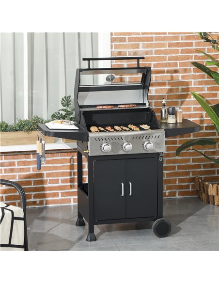 Outsunny 9 kW 3 Burner Gas BBQ Grill with See-through Lid, Black 846-140V70BK - pic 84135 | FastDaddyshop