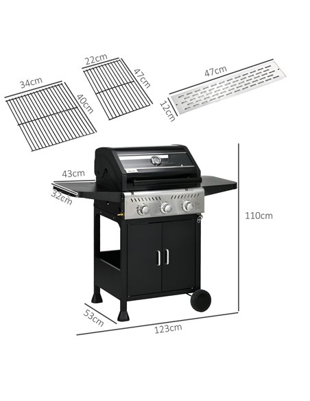 Outsunny 9 kW 3 Burner Gas BBQ Grill with See-through Lid, Black 846-140V70BK - pic 84136 | FastDaddyshop