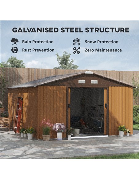 Outsunny 13 x 11 ft Metal Garden Shed Large Patio Roofed Tool Storage Box with Foundation Ventilation and Sliding Doors, Yellow  - pic 84164 | FastDaddyshop