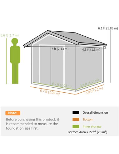 Outsunny 7ft x 4ft Lockable Garden Metal Storage Shed Large Patio Roofed Tool Storage Building Foundation Sheds Box, Light Green
