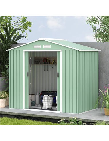 Outsunny 7ft x 4ft Lockable Garden Metal Storage Shed Large Patio Roofed Tool Storage Building Foundation Sheds Box, Light Green
